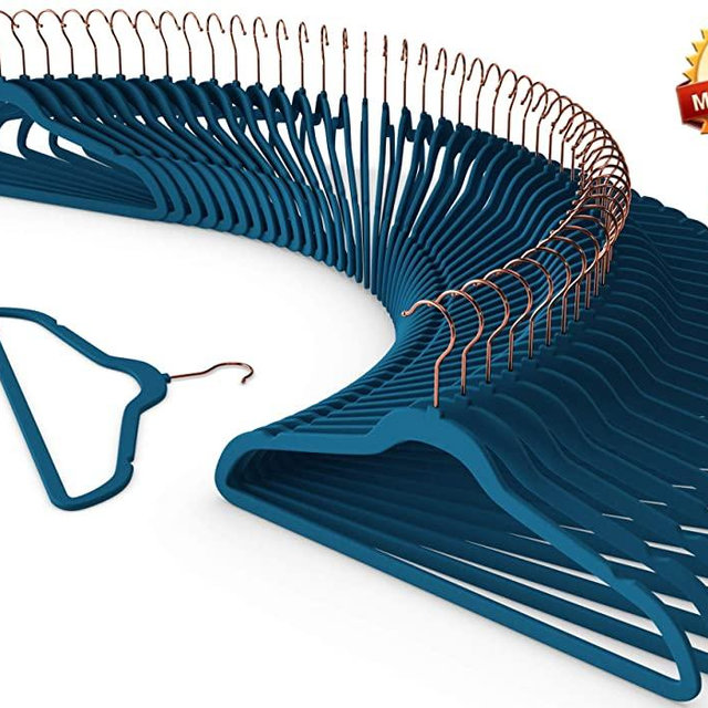 Premium Quality Velvet Hanger (Set of 50) - Ultra -Thin No Slip Velvet Suit Hangers - Swivel Rose Gold Hooks, Stronger Than Standard Velvet Hangers - Space Saving Valvet Hanger (50, Blue)