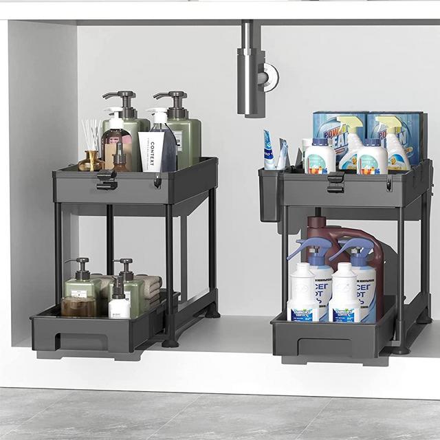SPACEKEEPER Under Sink Organizer, Sliding Cabinet Basket Organizer 2 Tier Under Bathroom Storage Rack with Hooks, Hanging Cup, Dividers, Multi-purpose Storage Shelf for Bathroom Kitchen, Black, 2 Pack