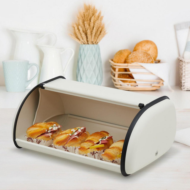 Large Kitchen Countertop Bread Box, Stainless Steel Bread Storage Box, Farmhouse Style Food Storage Cabinet Organizer, Beige
