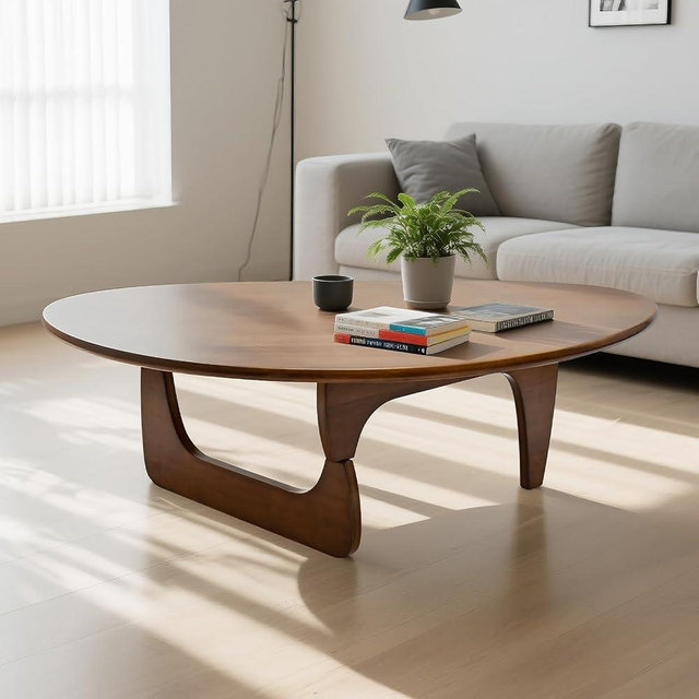 Solid Wooden Modern Triangle Coffee Table: Unique Funky Coffee Tables for Living Room, Oval Mid-Century Irregular Abstract Tea Tables for Patio Office Balcony Bedroom (Walnut, 33" L x 22" W x 16" H)