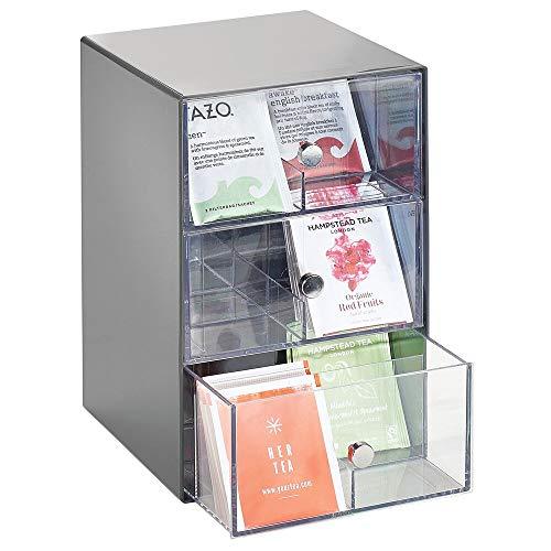 mDesign Plastic Kitchen Pantry, Cabinet, Countertop Organizer Storage Station with 3 Drawers for Coffee, Tea, Sugar Packets, Sweeteners, Creamers, Drink Pods -18 Sections - Charcoal Gray/Clear