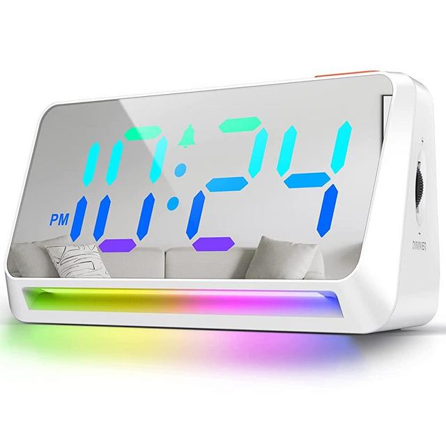 [Mirror] Super Loud Alarm Clock for Bedroom, Heavy Sleepers, Adults | Dynamic RGB Color Changing Clock for Teens, Kids | Small Bedside Digital Clock with LED Display, Atmosphere Light, USB Charger