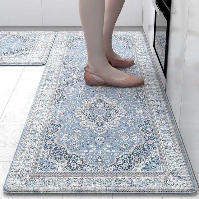 OTOB Kitchen Mat Anti Fatigue 2 Pieces Blue Kitchen Rugs Non Slip Waterproof Kitchen Floor Mats Cushioned Boho Kitchen Runner Rug Comfort Memory Foam Kitchen Mats for Floor,Front of Sink,Laundry Room