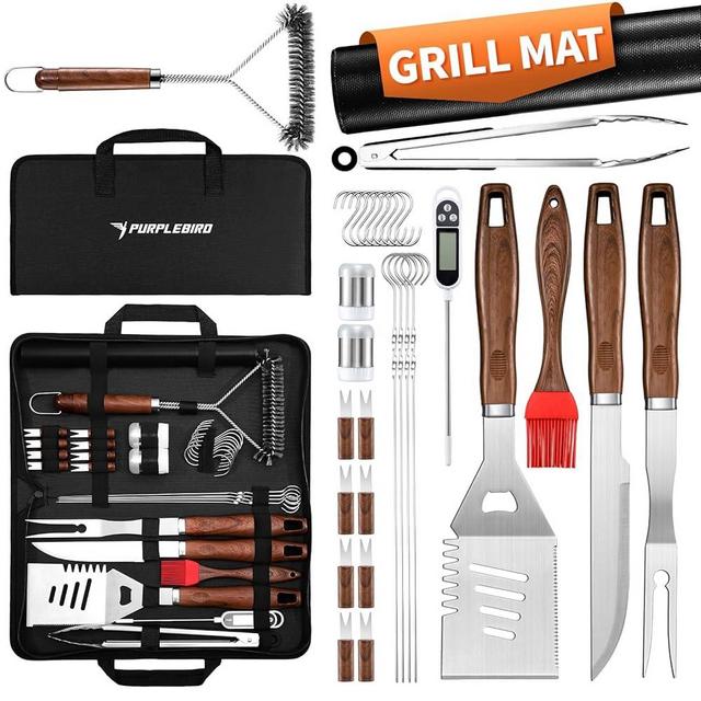 PURPLEBIRD 31PCS Grill Set for Outdoor Grill - Grilling Gift for Men & Dad, Heavy Duty Stainless BBQ Tools Kit for Camping, Grilling Utensils Set with Cleaner Brush, Thermometer, Storage Bag, BBQ Mat