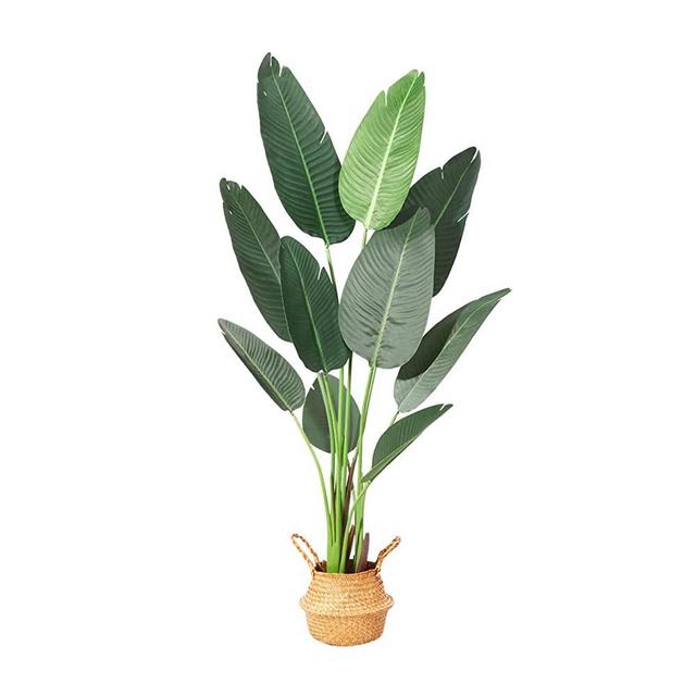 Ferrgoal Artificial Bird of Paradise Plants 5Ft Fake Tropical Palm Tree with 10 Trunks in Pot and Woven Seagrass Belly Basket Perfect Faux Plant for Home Indoor Outdoor Office Modern Decor Green