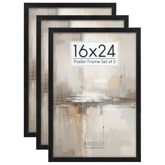 NWDCLF 16x24 Poster Frame Set of 3, Black Woodgrain Wall Frames with Plexiglass, Engineered Wood Large Picture Frames for Gallery Wall and Home Office Decor