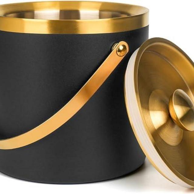 3L Double Wall Insulated Stainless Steel Ice Bucket with scoop for Cocktail Bar,Metal Ice Bucket for freezer with Lid for parties.ice Container to Keep Ice Colder,bar cart accessories(black)