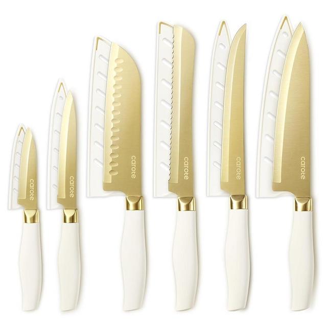 CAROTE 12PCS Kitchen Knife Set, Stainless Steel Knife Set With Nonstick Gold Surface, Dishwasher Safe with 6 Blade Guards, Rustproof Cutlery Set
