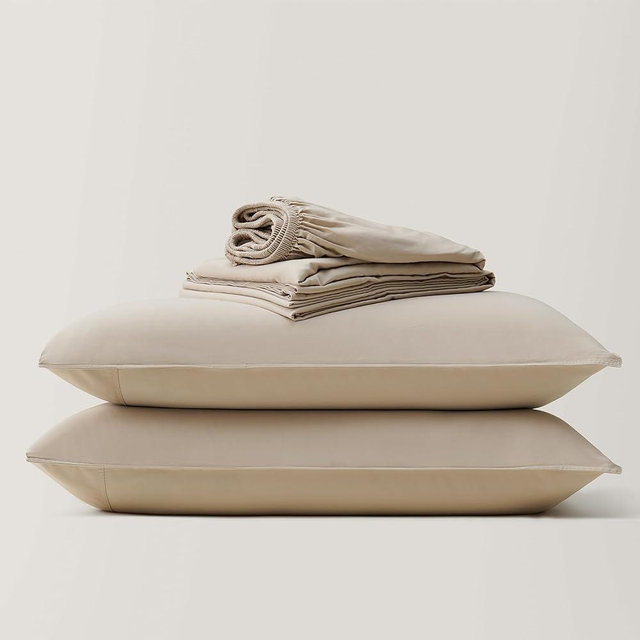 Double Stitch by Bedsure Cotton Tencel Sheet Set - King Sheet Set Cooling, Soft Luxury Bedding Set, Perfect for House Warming Gift, 1 Fitted Sheet, 1 Flat Sheet, 2 Pillowcases, Sandstone