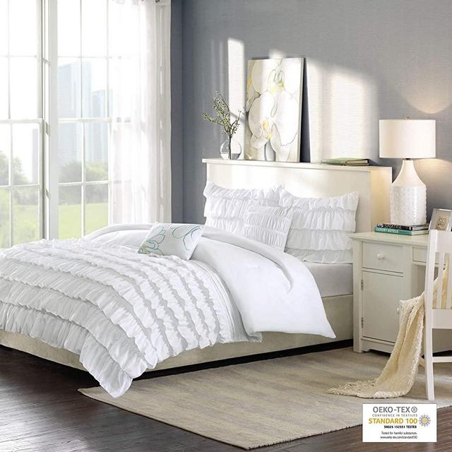 Intelligent Design Waterfall Comforter Reversible Solid Lush Ruffled Stripe Shabby Chic Ultra Soft Microfiber Down Alternative Pleated Decor Pillow Bedding Set, Full/Queen, White, 5 Piece