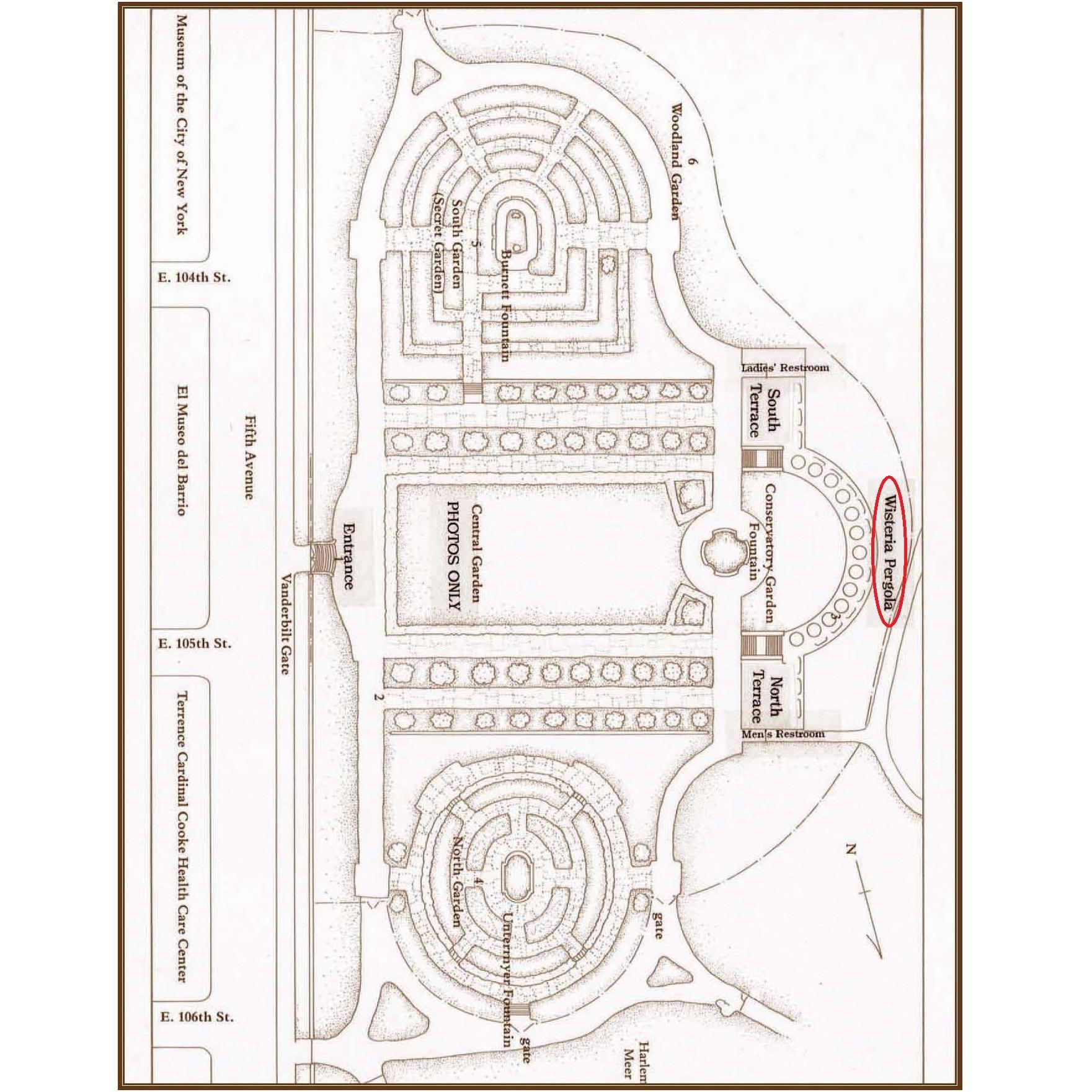 Here's a map of the Conservatory Gardens - the ceremony will be held in the Wisteria Pergola!