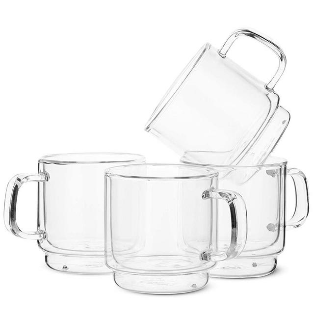 BTaT- Stackable Double Wall Glass Cups, Set of 4 (8 oz, 240 ml), Tea Cups, Glass Coffee Mugs, Cappuccino Cups, Latte Cups, Latte Mug, Clear Coffee Cup, Glass Tea Cups, Glass Coffee Cups