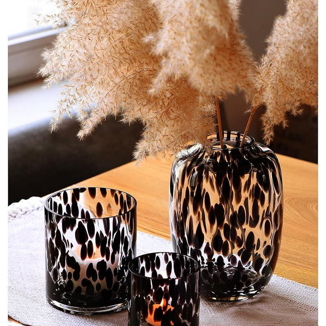 CONVIVA Decorative Glass Vase and Candle Holder Set, Fall Home Decor 3-Piece, Black Tortoise Pattern