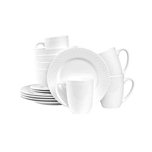 Stone Lain Bone China Basket Weave Embossed Round 16 Piece Dinnerware Set, White