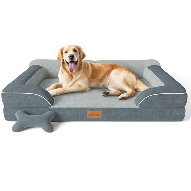 CWAWZ Extra Large Dog Bed, Orthopedic XL Dog Bed with Cooling Gel Memory Foam, Waterproof Pet Bed with Removable Washable Cover, 42" Pet Sofa Couch Dutch Velvet with Bone Toy, Dark Gray