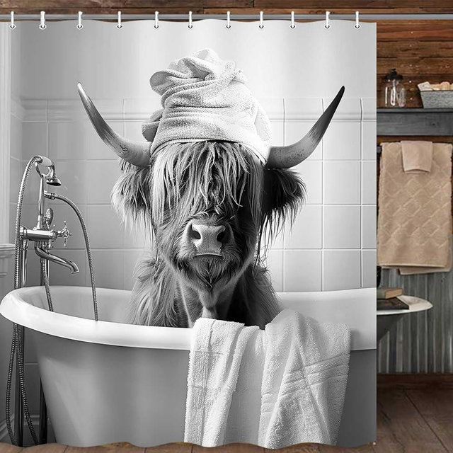 MCKTOM Funny Highland Cow Shower Curtain, Western Farmhouse Cattle Fun Shower Curtain for Bathroom, Fabric Polyester Bathroom Curtains Set with Hooks, 72x72 Inch
