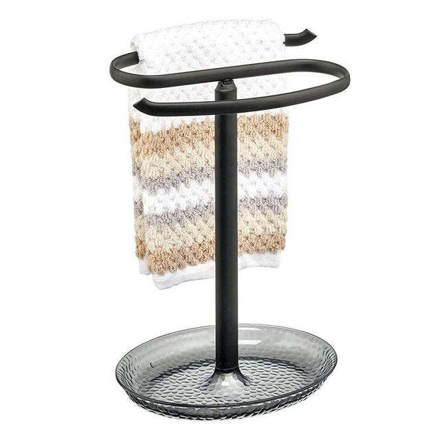 mDesign Decorative Metal Fingertip Towel Holder Stand with Base Tray for Bathroom Vanity Countertops, Display and Store Small Guest Towels or Washcloths - Black