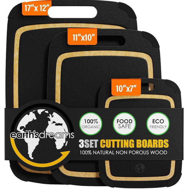 Earth’s Dreams Wood Cutting Board Set 3-Piece: Small, Large & Extra Large - Charcuterie Board, Non-Plastic, Non-Toxic, Heavy-Duty, Dishwasher Safe (Black/Tan)