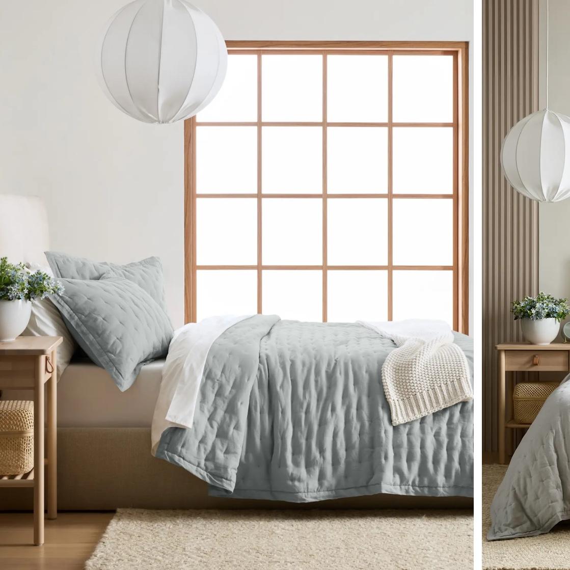 European Linen Cotton Stitch Quilt Set - With Sham Set, Mist