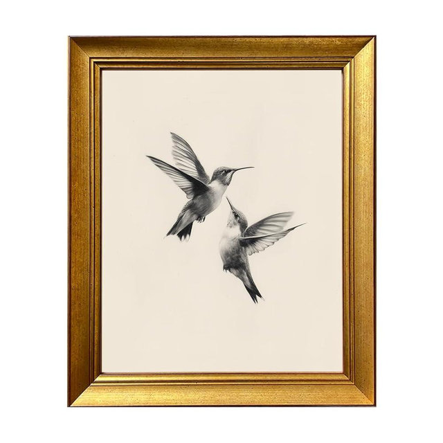 Vintage Hummingbirds Sketch Painting Gold Framed Wall Art Two Birds Pictures Wall Decor Farmhouse Canvas Print Artwork for Living Room Bedroom Home Decor