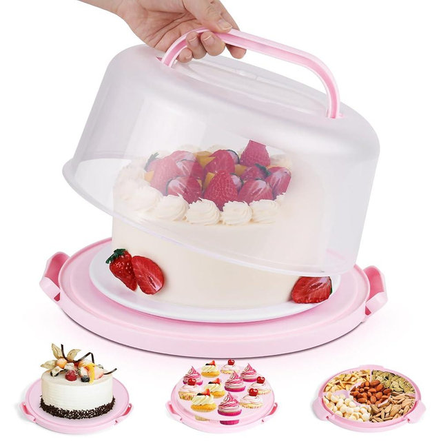 Cake Carrier with Lid and Handle, Cake Stand Cupcake Containers for 10 inch Cake with 2 Handles Cupcake Carrier - Cover Two Sided Base for Transport Pies Nuts Perfect Set Gift, Pink Round Cake Holder