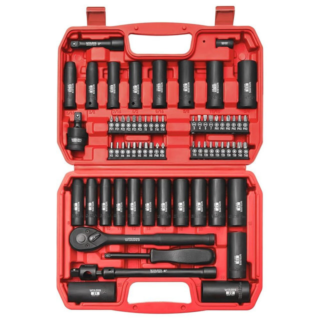 WIILDIS 70pcs 3/8" Drive Impact Socket Set,Standard SAE(5/16 to 3/4-Inch) Metric Size(8-22mm), CR-V Steel Deep Socket Kit, Adapters, Ratchet Handle, Screwdriver Bit Set, Sliding T Bar, 6 Point