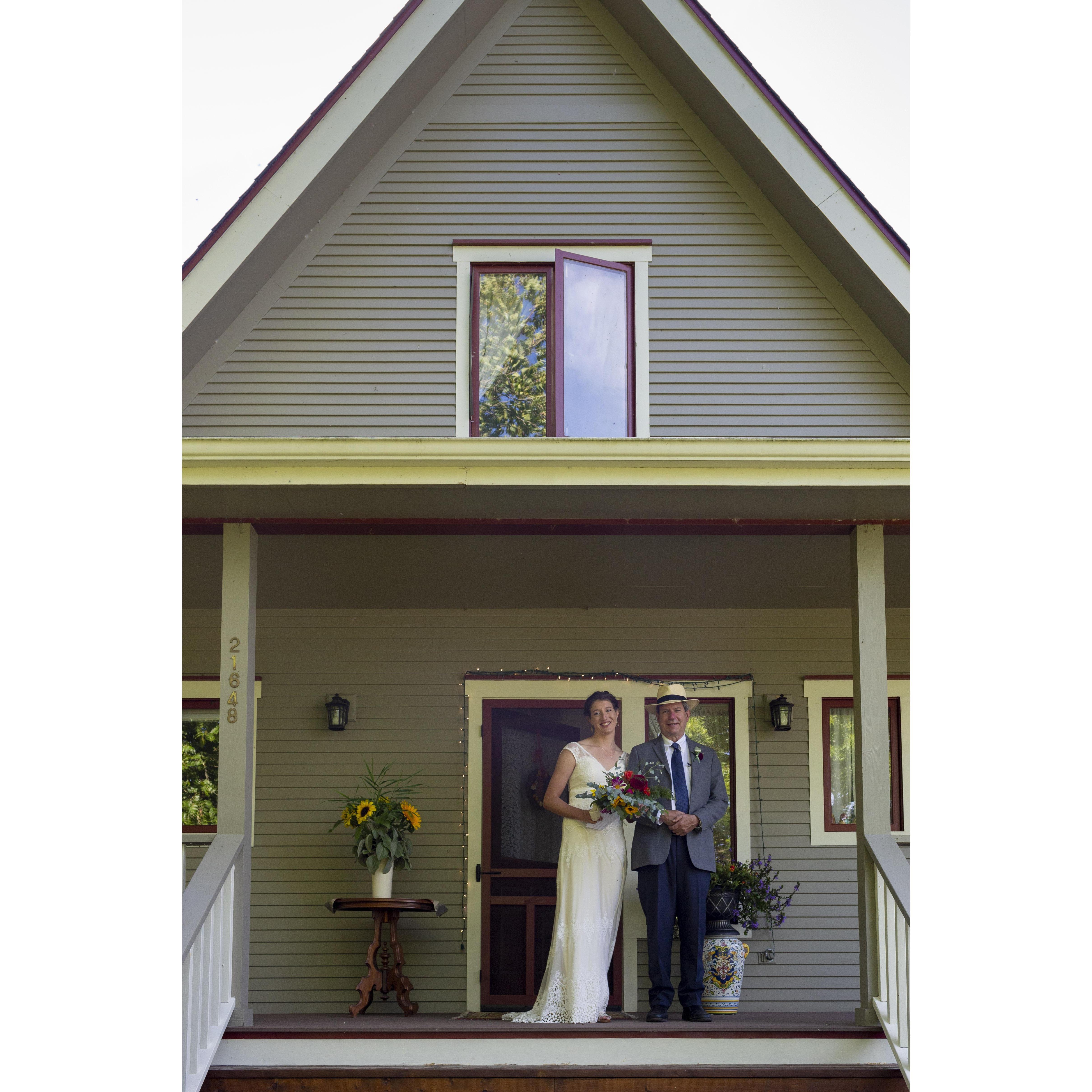 The wedding ceremony took place in the front yard. The walk down the aisle began on the front porch of Wes's childhood home.