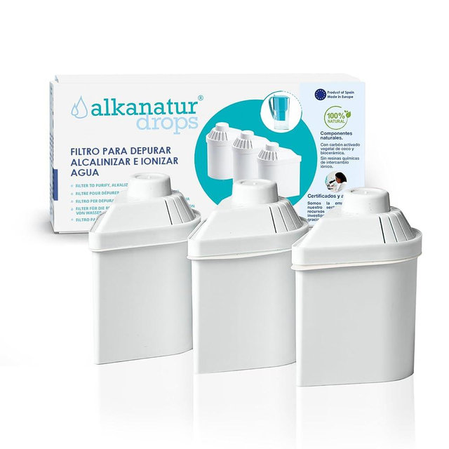 Alkanatur Filter Replacement for Pitcher (Pack of 3) - Removes Fluorides, Chlorine, Heavy Metals - Filters 400 liters of Tap Water - Replace After 3 Months - CE, ROHS, SGS Certified Water Filter