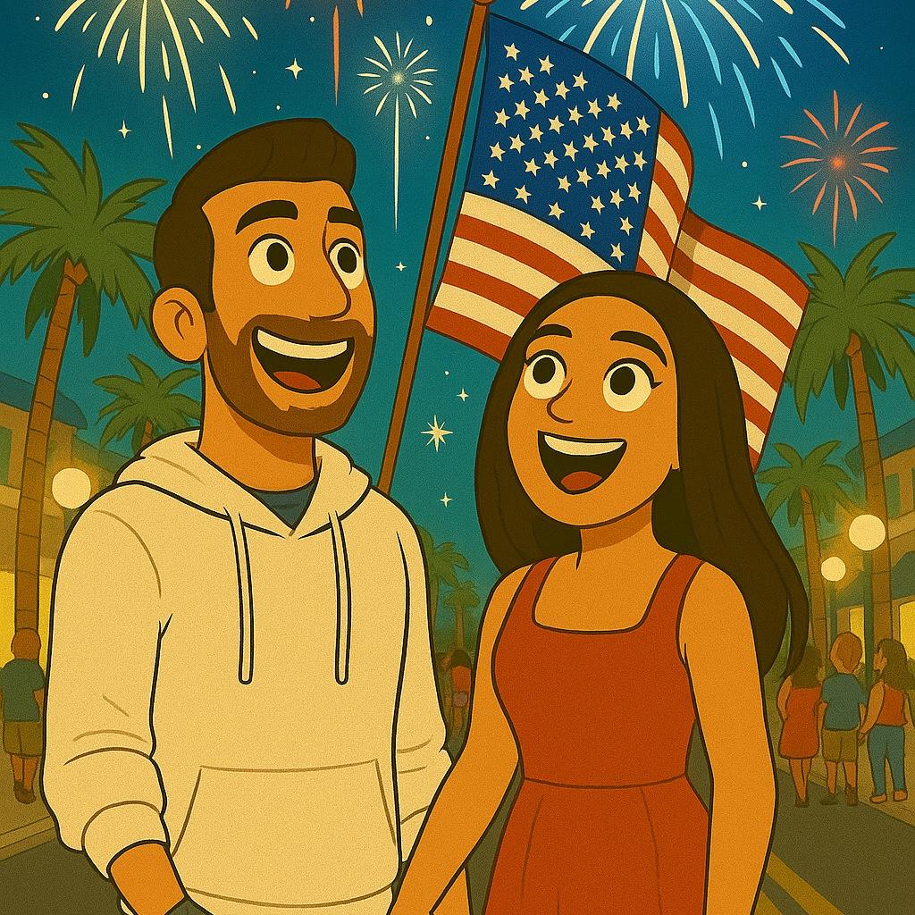 THE FOURTH OF JULY,
WITH THE SKY LIT UP BRIGHT,
THEY STROLLED HAND IN HAND
‘NEATH THE STARS OF THE NIGHT.
BOOMS FILLED THE SKY
AS FIREWORKS FLEW,
BUT SOMETHING MUCH DEEPER
WAS STARTING TO BREW.