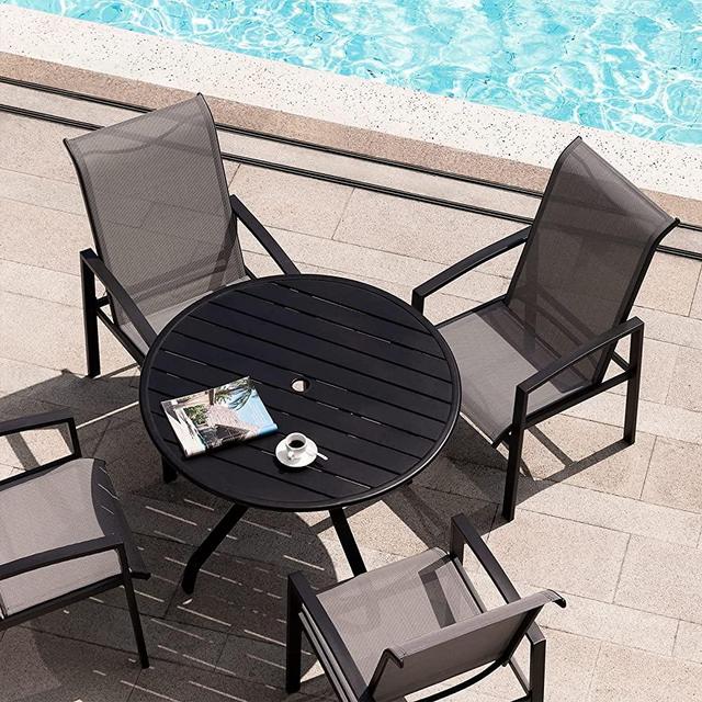 Dulce Domi 5 Piece Patio Dining Set, 38" Round Table W/ 1.5" Umbrella Hole & L23”xW22”xH38” Dining Chairs Set of 4 W/ 2x1 Textilene, Metal Slat Finish Outdoor Dining Set (5PC Patio Dining Set)