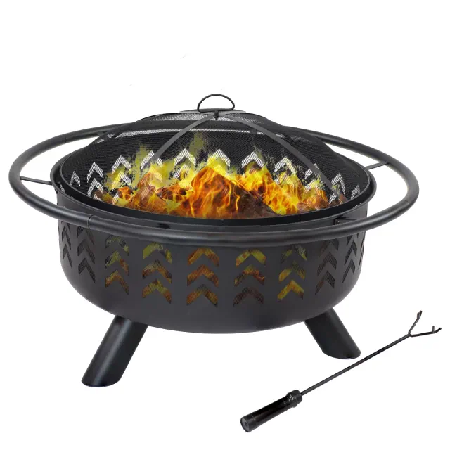 Sunnydaze Arrow Motif Heavy-Duty Steel Fire Pit with Spark Screen, Built-In Grate, and Cover - 36-Inch Round - Black