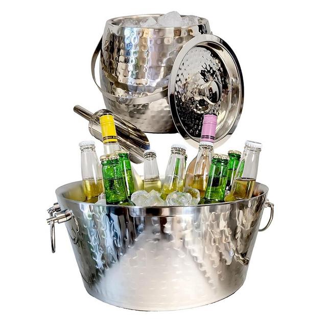 BREKX Stainless Steel Beverage Tub and Ice Bucket with Lid and Scoop Party Combo Pack, Silver Double-Walled Insulated Barware Set