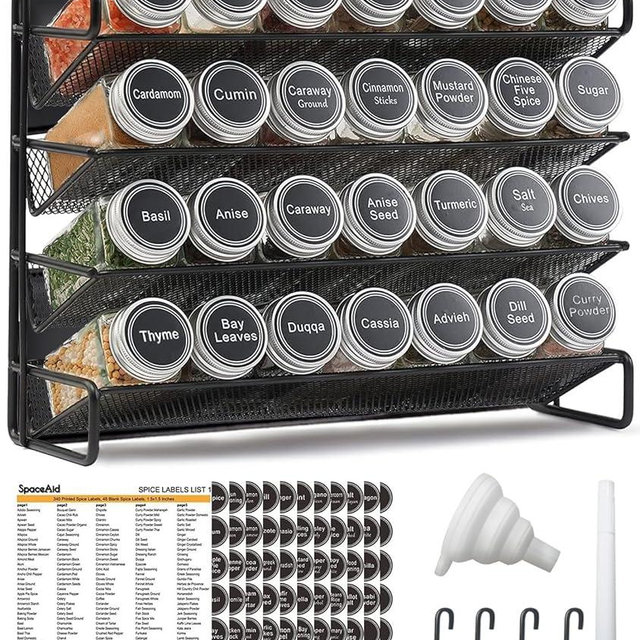 UVIAHOMI Magnetic Spice Rack Organizer for Refrigerator with 28 Spice Jars, 396 Spice Labels, 4 Hook, Chalk Marker and Funnel Set, Magnetic Shelf for Seasoning Organizer, 13.2'' W x 9.8 H, Black