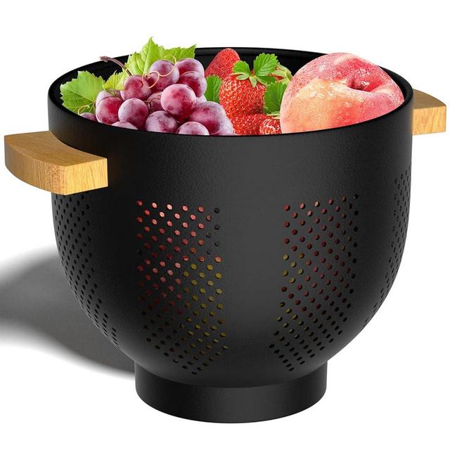 Colander for Kitchen - Strainers and Colanders - 5.8 Quart Large Metal Colander with Wood Handle - Food Strainer Basket for Draining Pasta, Vegetable & fruit, Fun Kitchen Gadgets Matte Black