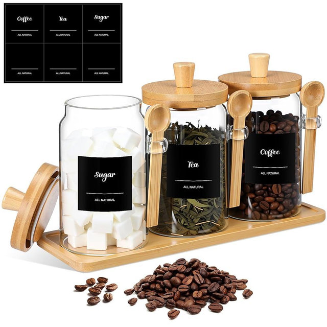 Suclain 3 Pcs Glass Coffee Container with Wooden Lid Spoon Shelf Labels Clear Airtight Jars Food Storage Canisters for Sugar Spice Christmas Housewarming Gift(25 oz,Natural Bamboo)
