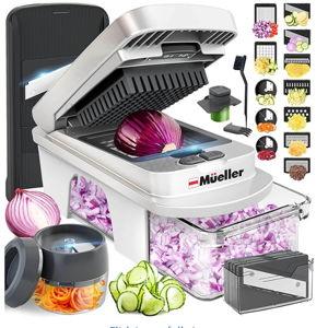Mueller Pro-Series All-in-One, 12 Blade Mandoline Slicer for Kitchen, Food Chopper, Vegetable Slicer and Spiralizer, Cutter, Dicer, Grater, Kitchen Gadgets Sets with Container, White Sand/Gray