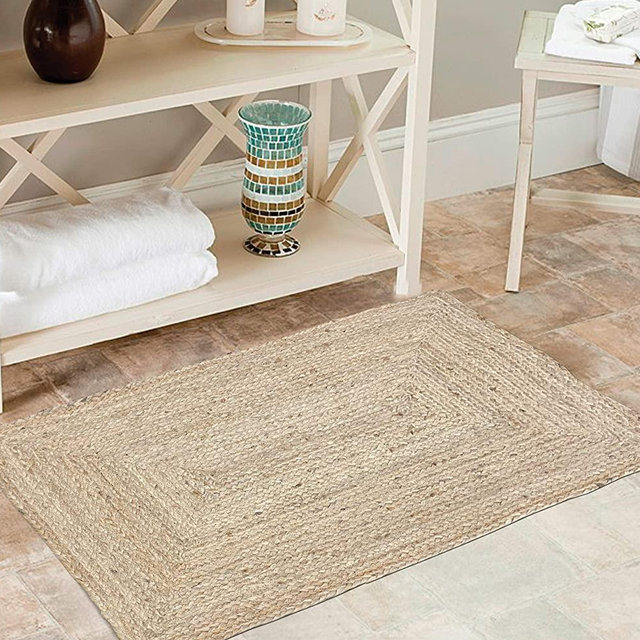 Jute Braided Natural Rug 2'X3' - Natural Linen Colour, Hand Woven & Reversible Rug for Living Room Kitchen Entryway, Jute Burlap Braided Rag Rug 24x36 Inch, Farmhouse Rag Rug, Rustic Rug