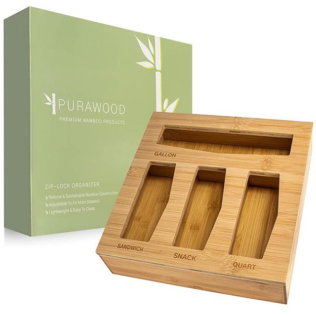 Purawood Ziplock Bag Storage Organizer - Natural Bamboo Organizer to Declutter Your Kitchen – Easy & Efficient Baggie Organizer - Durable Ziplock Bag Organizer - Customizable Bamboo Drawer Organizer - Plastic Bag Holder Compatible with all Brands