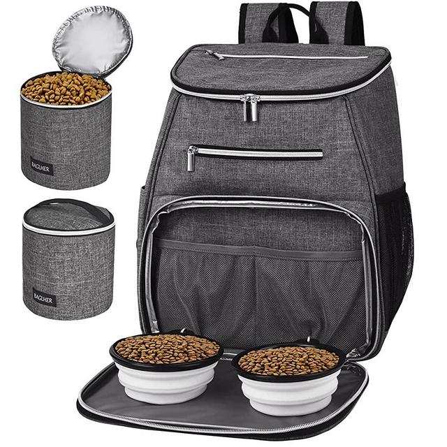 BAGLHER 丨Dog Travel Bag Backpack,Airline Approved Pet Supplies Backpack,Dog Travel Backpack with 2 Silicone Collapsible Bowls and 2 Food Baskets. Gray