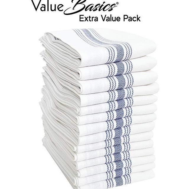 Value Basics Herringbone Stripe Kitchen Towel Set, 15" x 25", 14-Pack, Blue & White