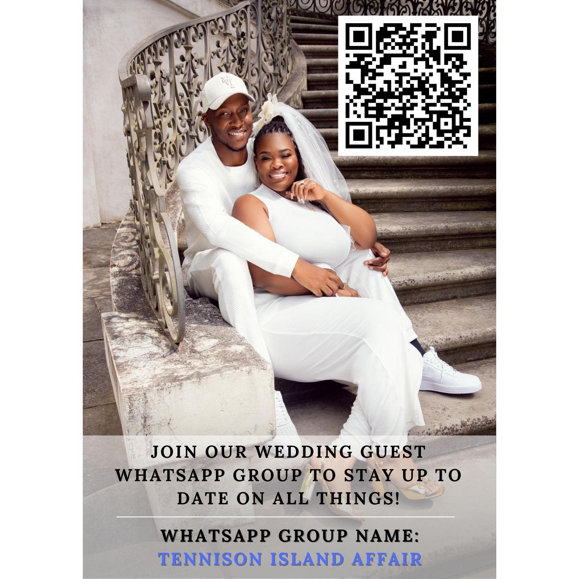Please join our wedding guest WhatsApp group to stay up to date on all things! Group Name: Tennison Island Affair