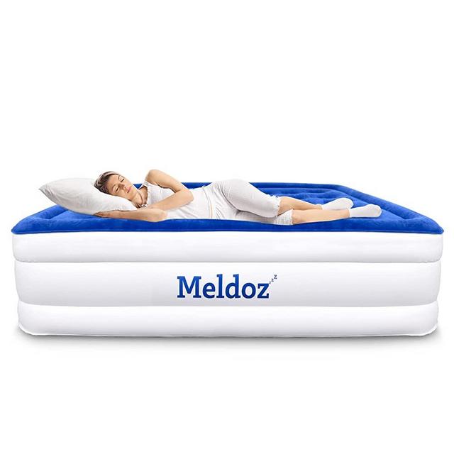 Meldoz Queen Air Mattress with Built-in Pump, Double High Blow Up Mattress for Home, Camping & Guest, 3 Mins Quick Inflate, Inflatable Air Bed with Water Resistant Flocked Top - 16 Inch