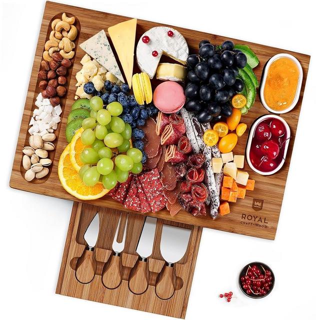 ROYAL CRAFT WOOD Bamboo Charcuterie Boards - Cheese Board Set with 2 Sauce Bowls, 4 Knives - Unique Charcuterie Board & Serving Tray - House Warming Gifts New Home Gifts