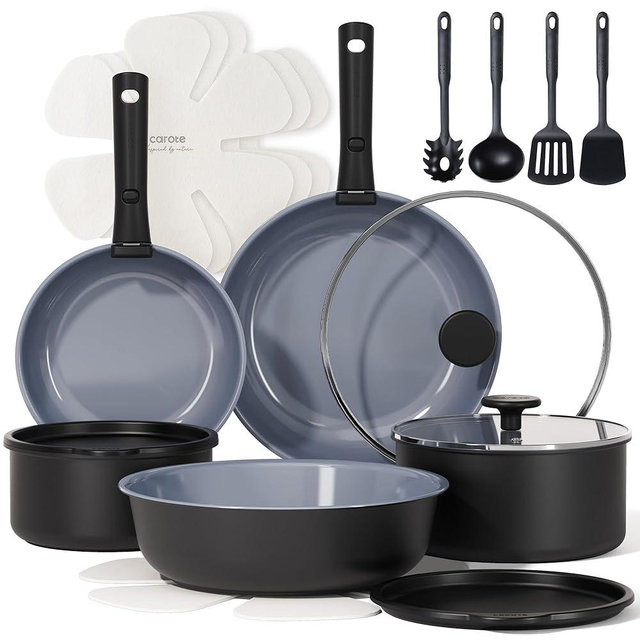 CAROTE 19PCS Ceramic Cookware Sets, Pots and Pans Set Non Stick Non Toxic, Induction Cookware, Kitchen Cookware Sets, Pots Set for Healthy Coooking, Gray