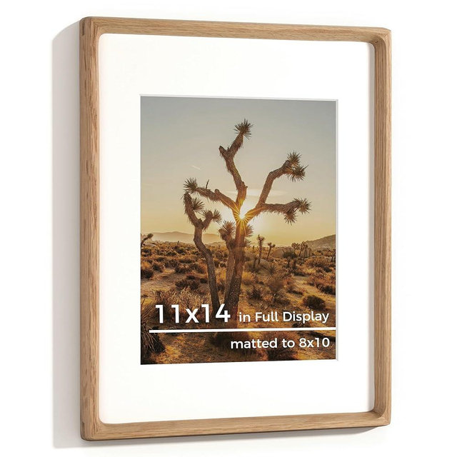 RICHFOCUS 11x14 Picture Frame USA-Sourced Natural Oak Solid Wood Photo Frame Handcrafted Rounded Corner Wooden Frame with Real Glass Display Photos 8x10 with Mat or 11x14 Without Mat