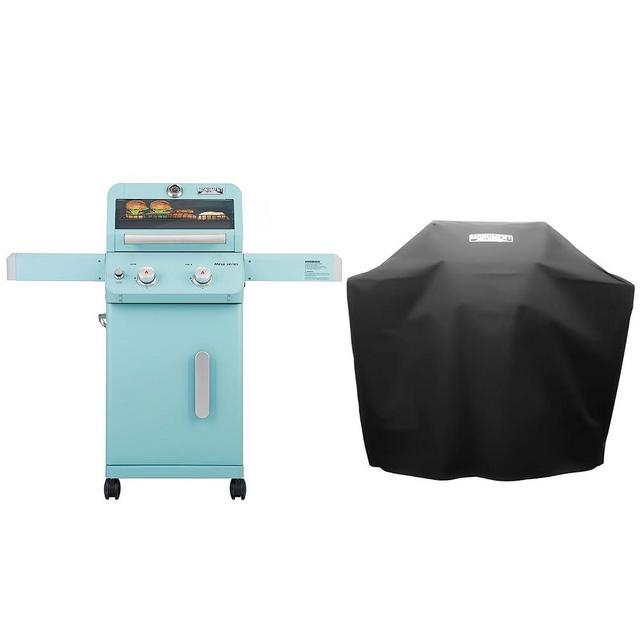 Monument Grills 2-Burner Stainless Steel Liquid Propane Gas Patio Garden Barbecue Grill with Clearview® Lid, Knob Control and Two Foldable Shelves Mesa200G with BBQ Cover, Green