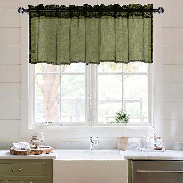 DWCN Sheer Valance, Semi Vole Short Curtains for Cafe, Living Room, Rod Pocket Linen Look Drapes, 1 Panel, Olive Green, 52W x 18L Inch