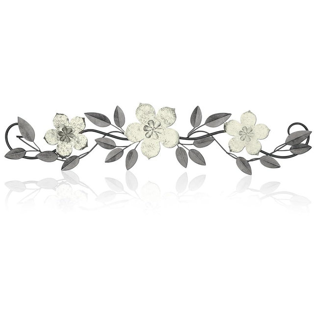 Wesiti Metal Flower Wall Decor Vintage Spring Metal Flower Wrought Iron Scroll Sculpture 15.7''x3.7'' Farmhouse Leaves Wall Decor with Nails for Spring Living Room Bedroom Indoor Outdoor(White)