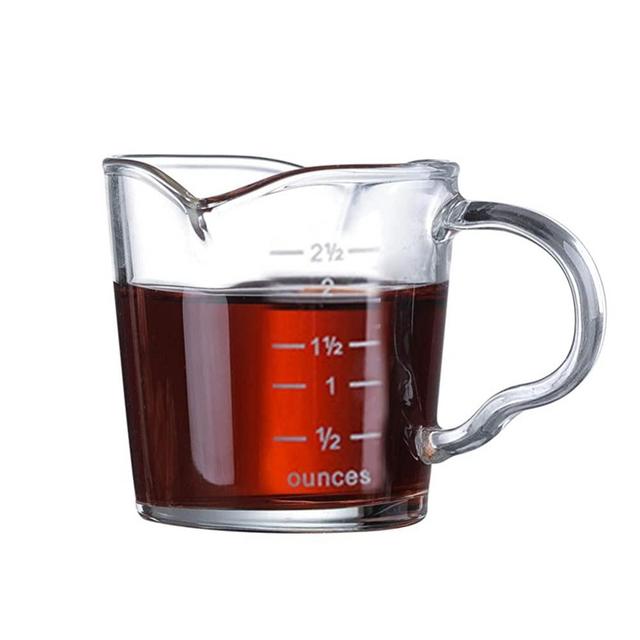 Thicken Espresso Shot Glass with Handle, 70ml Double Spout Glass Measuring Cup Espresso Accessories, Mini Liquid Measuring Cups with Two Scales (OZ&ML）