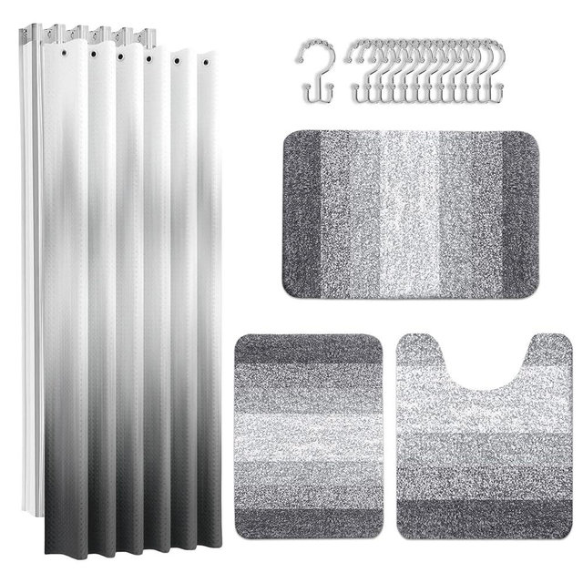 Britimes Grey Stripes Bathroom Sets with Shower Curtain and Rugs, Ombre Modern Abstract Vintage Waterproof Shower Curtain Liner and Soft Non Slip Bath Mat for Bathroom Decor and Accessories Hooks